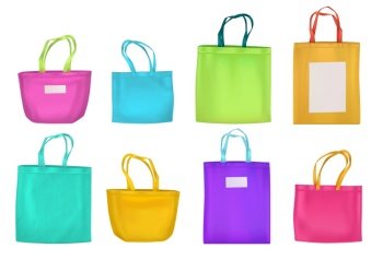 Colored cotton eco bags, fabric tote different shapes. Vector realistic mockup of textile reusable ecobags for shopping and beach with handles and blank labels isolated on white background. Colored cotton eco bags, fabric tote ecobags