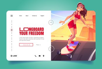 Longboard your freedom cartoon landing page. Young woman riding skateboard along the road at summer rocky landscape. Skater girl enjoying recreation, sports activity, summer fun, Vector illustration. Longboard your freedom cartoon landing page banner