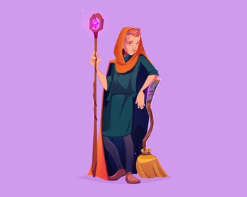 Man wizard with magic staff and broom. Vector cartoon illustration of sorcerer character, warlock in medieval cloak with hood, mage with wooden stick with crystal and broomstick. Man wizard with magic staff and broom