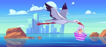 White stork carry newborn baby girl in bag flying over sea bay cityscape view. Child delivery, birth announcement, greeting and congratulation, baby shower celebration Cartoon vector illustration. White stork carry newborn baby girl in bag, birth