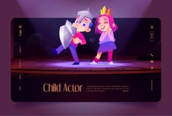 Children actors on theatre stage in school or kindergarten, kids playing roles of knight and princess on theatre scene illuminated with spotlights, boy and girl performing, Cartoon vector illustration. Children actors on theatre stage in school, kids