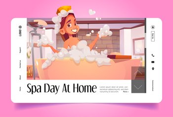 Spa day at home cartoon landing page. Girl washing body sitting in foamy bath tub with bubbles. Young woman relaxing in bathtub with foam. Happy female character indulge and pamper, Vector web banner. Spa day at home cartoon landing page, girl washing