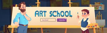 Art school cartoon web banner, education for kids. Teacher and child stand front of easel in class, painting courses for children. Student boy in artist studio drawing lesson, Vector illustration. Art school cartoon web banner, education for kids