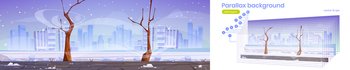 Parallax background winter city street with bare trees, blizzard and snowdrifts. 2d Urban cityscape with buildings skyline at wintertime season, separated layers for game animation Vector illustration. Parallax background winter city street cityscape