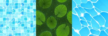Textures of water in swimming pool, sea and pond with lily leaves. Vector cartoon seamless patterns of top view of ocean, lake and swamp surface for game background. Textures of water in swimming pool, sea and pond