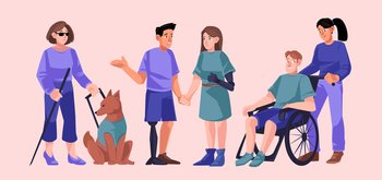 Diverse handicap people group, disability concept. Disabled character on wheelchair, man and woman with bionic hand or leg prosthesis, blind girl with stick and guide dog, Cartoon vector illustration. Diverse handicap people group, disability concept