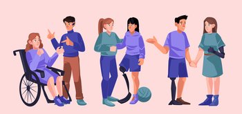 Diverse handicap people group, disabled female character on wheelchair communicate with deaf-mute man, couple with bionic hand or leg prosthesis, human disability concept, Cartoon vector illustration. Diverse handicap people group, disabled characters