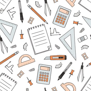 Seamless pattern with school and office stationery. Hand drawn sketch of pen, pencil, notebook and ruler. Vector background with doodle education supplies, calculator, pins, clips, knife. Seamless pattern with school and office stationery
