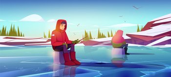 Winter ice fishing with men holding rods, wear warm clothes, sitting on boxes catching fish on frozen pond surface with holes. Male characters wintertime hobby, recreation, Cartoon vector illustration. Winter ice fishing with men holding rods on pond