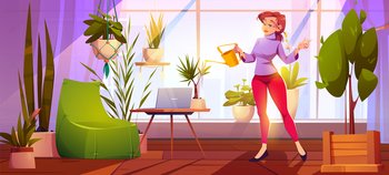 Young woman watering plants at home garden, office, house or apartment room with working place, laptop, armchair at wide window with cityscape view. Girl caring for flowers Cartoon vector illustration. Young woman watering plants at home garden, office