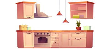 Kitchen interior set with cooking counter, stove, hood and hanging cupboards. Vector cartoon retro kitchen furniture, oven, lamps, jars and plants on desk and cook books on shelf. Kitchen interior set with cooking counter, stove