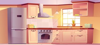 Retro kitchen empty interior with appliances and white wooden furniture. Table, oven, range hood, refrigerator and utensil. Equipment for cooking in classic vintage style, Cartoon vector illustration. Retro kitchen empty interior with cook appliances