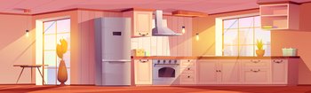 Kitchen interior with dining table, counter, fridge, stove and cupboards. Vector cartoon illustration of empty room for cooking in apartment with retro furniture, hood and plants. Kitchen interior with dining table, fridge, stove