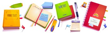 Stationery and notebooks, school or office supplies and notepads of different design. Pen, highlighter, pencil sharpener, calendar, map pin, sticky notes and diary isolated Cartoon vector illustration. Stationery and notebooks school or office supplies