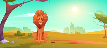 Lion in savanna, african animal in nature, wild cat sitting on natural landscape background with trees and shining sun. Safari, outdoor zoo park with predator, powerful leo Cartoon vector illustration. Lion in savanna, african animal in nature wild cat