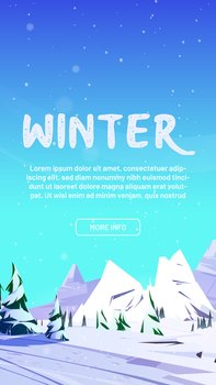 Web banner with winter mountains, northern nature rocky landscape with conifers trees and rocks covered with snow. Invitation to ski resort, wild park recreation Cartoon vector mobile app onboard page. Web banner with winter mountains, northern nature