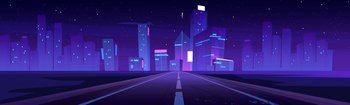 Road to night city, empty highway and glowing skyline with futuristic urban architecture, megapolis infrastructure with modern skyscraper buildings, purple neon background, Cartoon vector illustration. Road to night city, empty highway and glow skyline