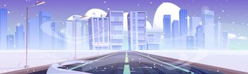 Road to winter city, empty highway with street lamps, blizzard and snowdrifts. Modern town buildings skyline at wintertime season. Urban scene with snow and cold wind, Cartoon vector illustration. Road to winter city, empty highway with lamps