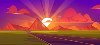 Road at mountains sunset, nature landscape with sun behind the rocks, purple sky and red clouds. Empty asphalted highway going to rocks and green field perspective view, Cartoon vector illustration. Road at mountains sunset, nature landscape view