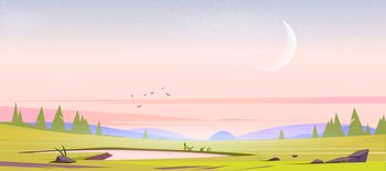 Meadow with green grass, pond, conifers and hills on horizon at morning. Vector illustration of summer or spring landscape of field with plants, lake, trees, flying birds and waxing moon in sky. Meadow with grass and pond at morning
