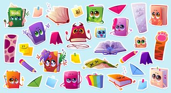 Set of stickers cartoon books, notes, bookmarks and pencils. Cute school stationery personages diary, witch spellbook, devil, cat paw, paper corners. Vector patches collection, cut out illustration. Set of stickers cartoon books, notes, bookmarks