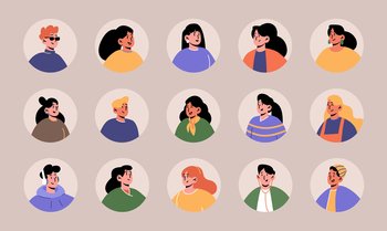 Set people avatars, faces of male and female characters. Young men or women with different appearance portraits for social media and web design, isolated round icons, Line art flat vector illustration. Set people avatars male or female characters faces
