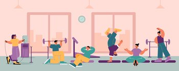 Gym interior with people doing sport exercises, yoga, breakdance and fitness. Concept of healthy lifestyle, different activities and workout. Vector flat illustration of with men and women training. Gym interior with people doing sport exercises