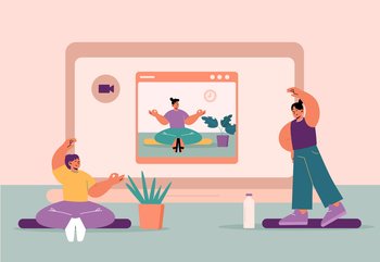 Online yoga classes, women exercise at home front of computer screen, female characters meditate in lotus position, doing asana, watching video. Healthy activity Line art flat vector illustration. Online yoga class, women exercise at home, health