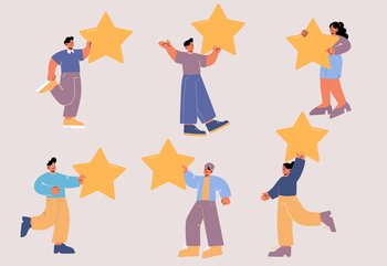 People with gold stars rate service quality, give feedback to app or product. Vector cartoon set of happy characters holding golden stars. Concept of customer satisfaction, good rating, best result. People with gold stars rate service quality