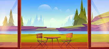 Home terrace with mountain lake view, wooden table and chairs stand on wood floor at nature landscape with spruces and rocks. Resort, hotel area for relax and recreation, Cartoon vector illustration. Home terrace with mountain lake view, landscape