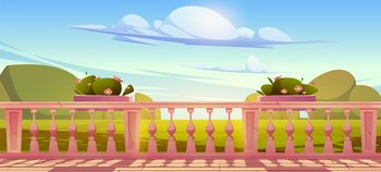 House terrace, balcony with white marble balustrade and flowers in pots. Vector cartoon illustration of empty building veranda, banister with pillars in classic style and garden landscape. House terrace, balcony with marble balustrade