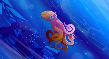 Underwater ocean scene with giant octopus, fish and stones. Vector cartoon illustration of marine animal and school of fish swim in sea. Ocean bottom with orange squid with tentacles and suckers. Underwater ocean scene with giant octopus