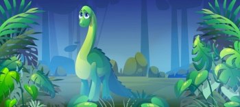 Cute diplodocus in jungle with green plants. Baby dinosaur in prehistoric forest. Vector cartoon illustration of tropical wood, rainforest landscape with funny dino. Cute dinosaur, diplodocus in jungle