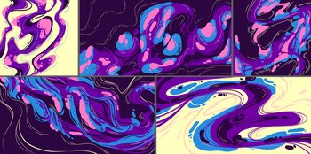 Abstract art backgrounds, modular paintings with purple, blue, pink and yellow liquid stains, swirls, splashes, linear and grunge elements. Paint brush texture decoration, Vector illustration set. Abstract art backgrounds, modular paintings set