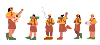 Kids scouts in uniform and woman teacher with guitar isolated on white background. Vector flat illustration of hiking kids in summer camp, boys and girls with backpacks, firewood, map and fishing rod. Kids scouts in uniform and woman teacher