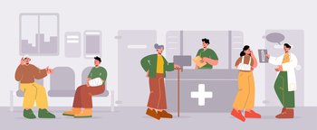 People in clinic hall, characters waiting in queue for medical appointment, senior lady at hospital reception talk with medical staff. Doctor chat with injured patient, Line art vector illustration. People in clinic hall with reception desk, clinic