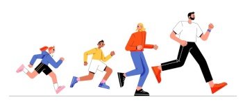 Family run marathon, parents and children jogging, sports exercising or competition Father, mother, daughter and son characters healthy lifestyle, outdoor activity Line art flat Vector Illustration. Family run marathon, parents and children jogging
