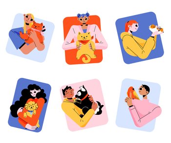 People hug pets square icons, young men and women holding dog, cat, parrot or guinea pig on hands. Human characters cuddle with home animals. Love, adoption avatars, Linear flat vector illustration. People hug pets square icons, home animals love