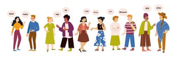 Diverse multilingual people group say hello on different foreign languages. Multinational happy young male and female characters greetings, friendly gestures, Line art flat vector illustration. Diverse multilingual people group saying hello