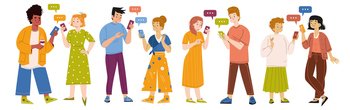 People send messages in online chat. Concept of conversation in social media, internet communication. Vector flat illustration of happy characters with mobile phones and speech bubbles. People send messages in online chat