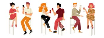 People drinking wine, dating, celebrate party. Couple male and female characters holding wineglasses sit on high chairs in bar communicate, laugh, drink alcohol Linear cartoon flat vector illustration. People drinking wine, dating, celebrate party