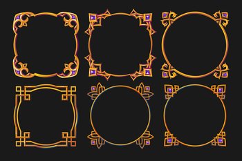 Set of golden frames, square and round borders with ornate metal rims and gem stones. Medieval cartoon game elements, empty metallic bordering with gemstones, isolated photoframes, Vector illustration. Set of golden frames, square and round borders