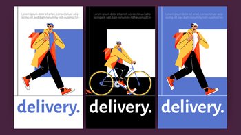 Delivery posters with man courier with backpack walk and ride on bike. Vector vertical banners of fast shipping service with flat illustration of deliver man carry parcel or order. Delivery posters with man courier with backpack