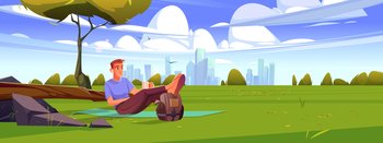 Man rest on green lawn with trees, bushes and city buildings on horizon. Vector cartoon illustration of autumn landscape of park or countryside with person sitting on mat with cup and backpack. Man rest on green lawn with city on horizon