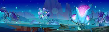 Fantasy game background of alien world with fantastic plants at night. Vector cartoon illustration of summer landscape with mountains, grass and unusual shiny exotic flowers. Fantasy alien world with fantastic plants