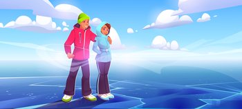 Young couple stand on ice at winter landscape background. Man and woman wear warm clothes hug standing on frozen pond or sea at cold wintertime day, people outdoor activity Cartoon vector illustration. Young couple stand on ice at winter landscape