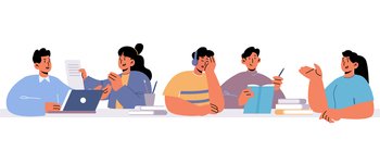 Group of students study together with books and laptop. Vector flat illustration of happy young people sitting at table and learning in school class, university or college library or classroom. Group of students study together with books