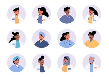 Avatars of doctors and hospital healthcare staff, isolated round icons set. Faces of medics in robes with stethoscopes, clinic nurses characters, medicine occupation, Linear flat vector illustration. Avatars of doctors and hospital healthcare staff