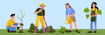 People work in garden, plant trees and flowers, watering. Vector flat illustration of farmers or volunteers gardening on farm, yard or public park. Men and women with houseplant in pot and shovels. People work in garden, plant and watering