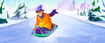 Winter sports, happy man having fun riding on sleds downhill during wintertime holidays. Outdoors activity, vacation spare time on ski resort, male character sledding, Cartoon vector illustration. Winter sports, happy man fun, riding on sleds